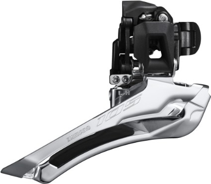 Shimano FD-R7100 105 front derailleur in silver, featuring a sleek design, clamp size of 34.9mm, and marked with "105" for easy identification.