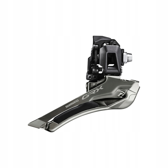 Shimano FD-RX820 GRX double front derailleur in sleek silver aluminum with a black plastic mounting bracket, designed for 12-speed systems, featuring a polished finish and GRX branding.