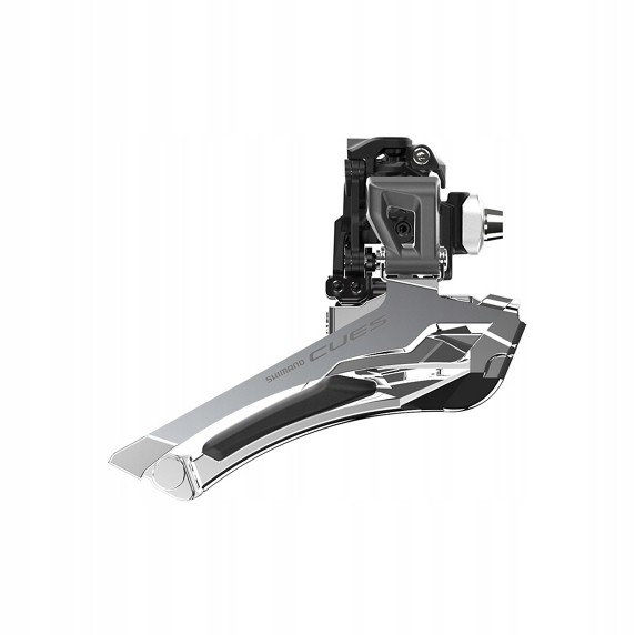 Shimano FD-U6030 CUES double front derailleur in silver, featuring a sleek design with a braze-on mount, suitable for 9/10-speed bike systems.