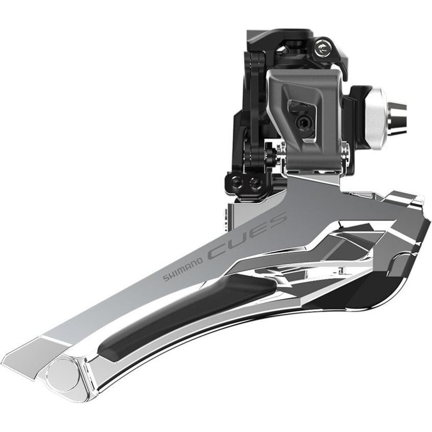 Shimano FD-U6030 CUES front derailleur in silver and black, featuring a sleek design, adjustable clamp sizes (28.6/31.8/34.9mm), and compatibility with 9/10-speed systems.