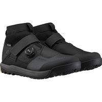 Black Shimano GE9 Gore-Tex MTB shoes with ankle strap, BOA dial, and rugged sole.