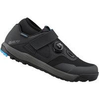 Black Shimano GE9 MTB shoes, size 41, with velcro strap, BOA dial, and blue accents on the sole.