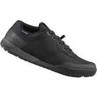 Black Shimano GF4 MTB shoes, size 40, with lace-up closure, reinforced toe, and textured sole for grip.