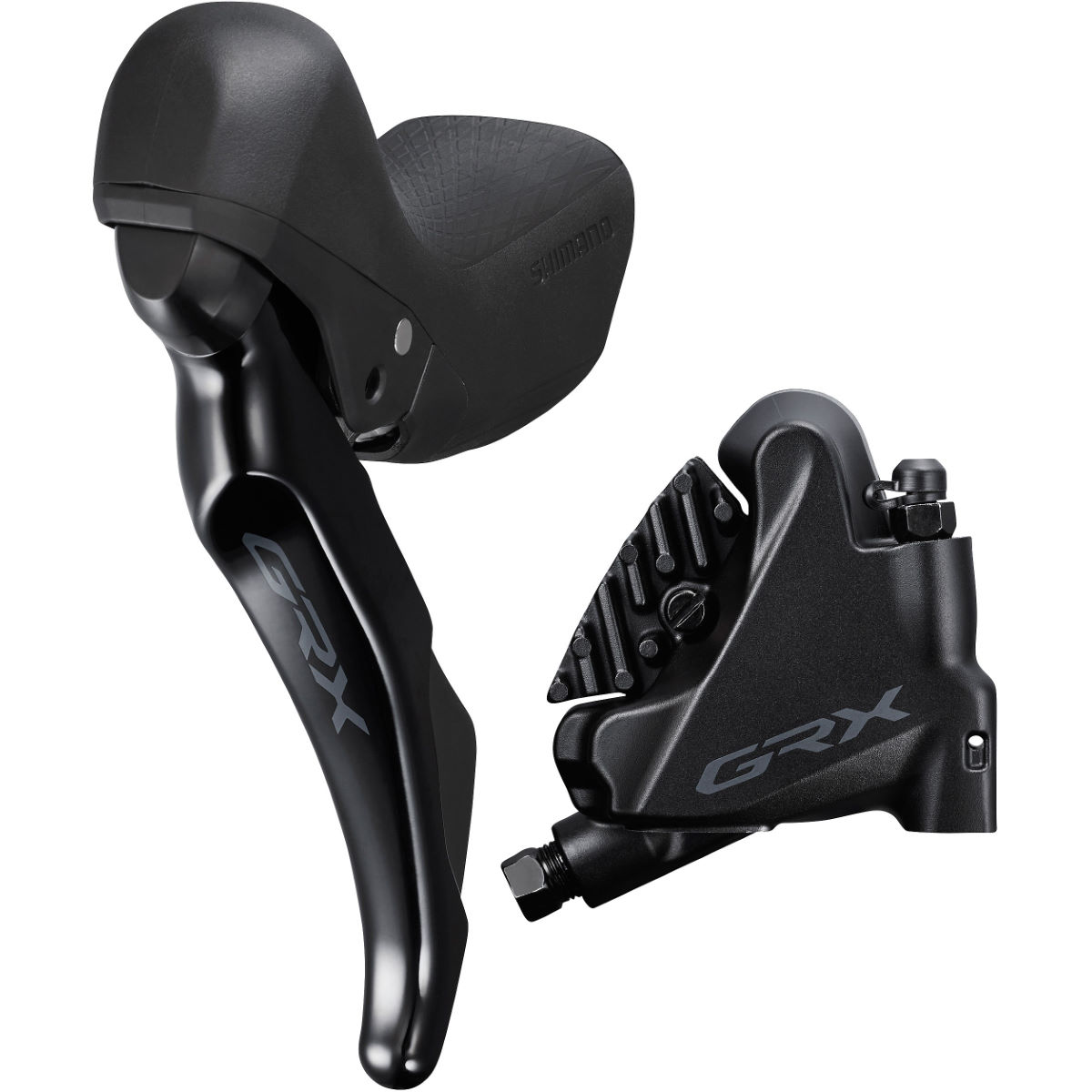 Shimano GRX RX400 10-speed STI shift levers in black with textured grips, paired with RX400 calipers featuring a sleek design, ideal for front shifting and rear braking.
