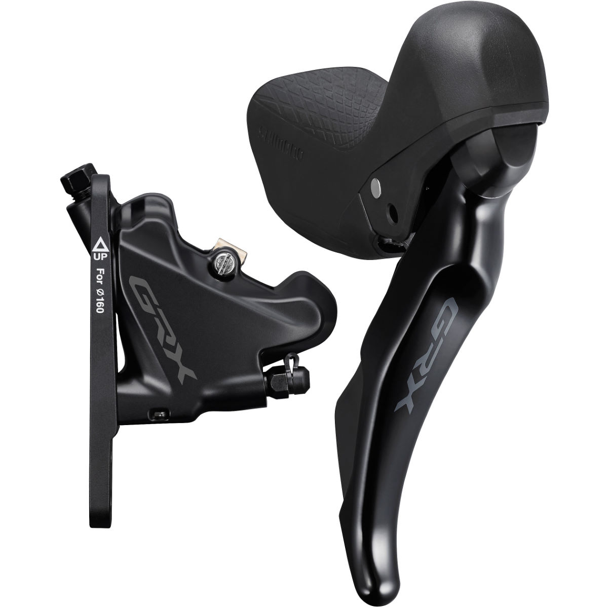 Shimano GRX RX400 10-speed STI shift levers in black with textured grip, paired with RX400 calipers, designed for rear shifting and front braking.