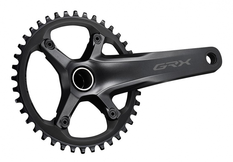 Shimano GRX RX600 11-speed chainset in matte black, featuring a single crank arm with five arms and a sleek design, ideal for gravel biking.
