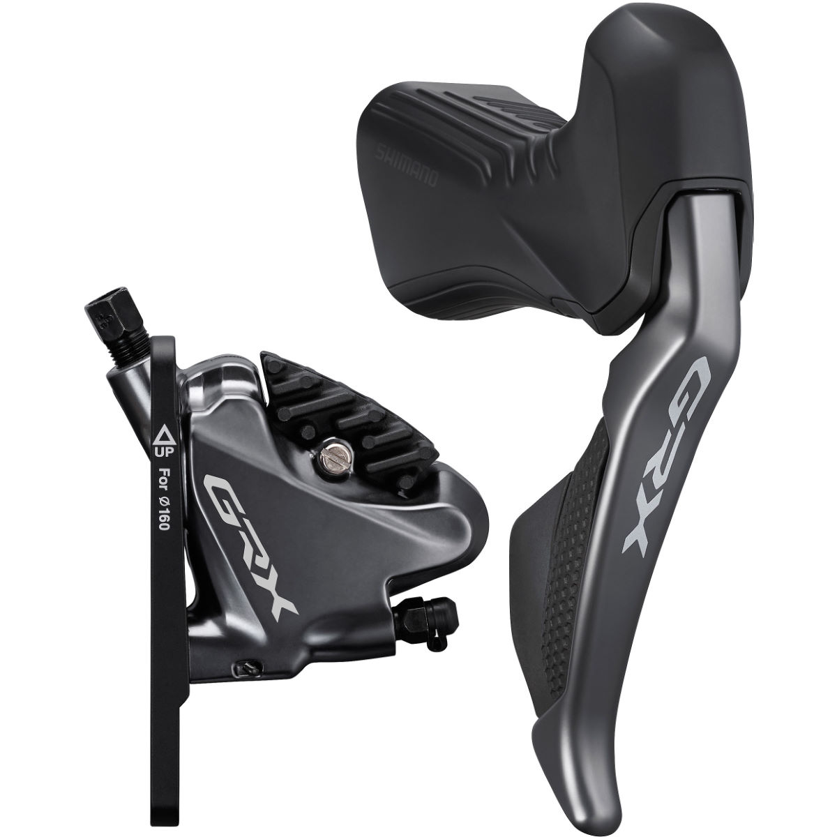 Shimano GRX RX815 11-speed Di2 STI shift levers in sleek black and silver finish, paired with RX810 calipers featuring a compact design for front shifting and rear braking.