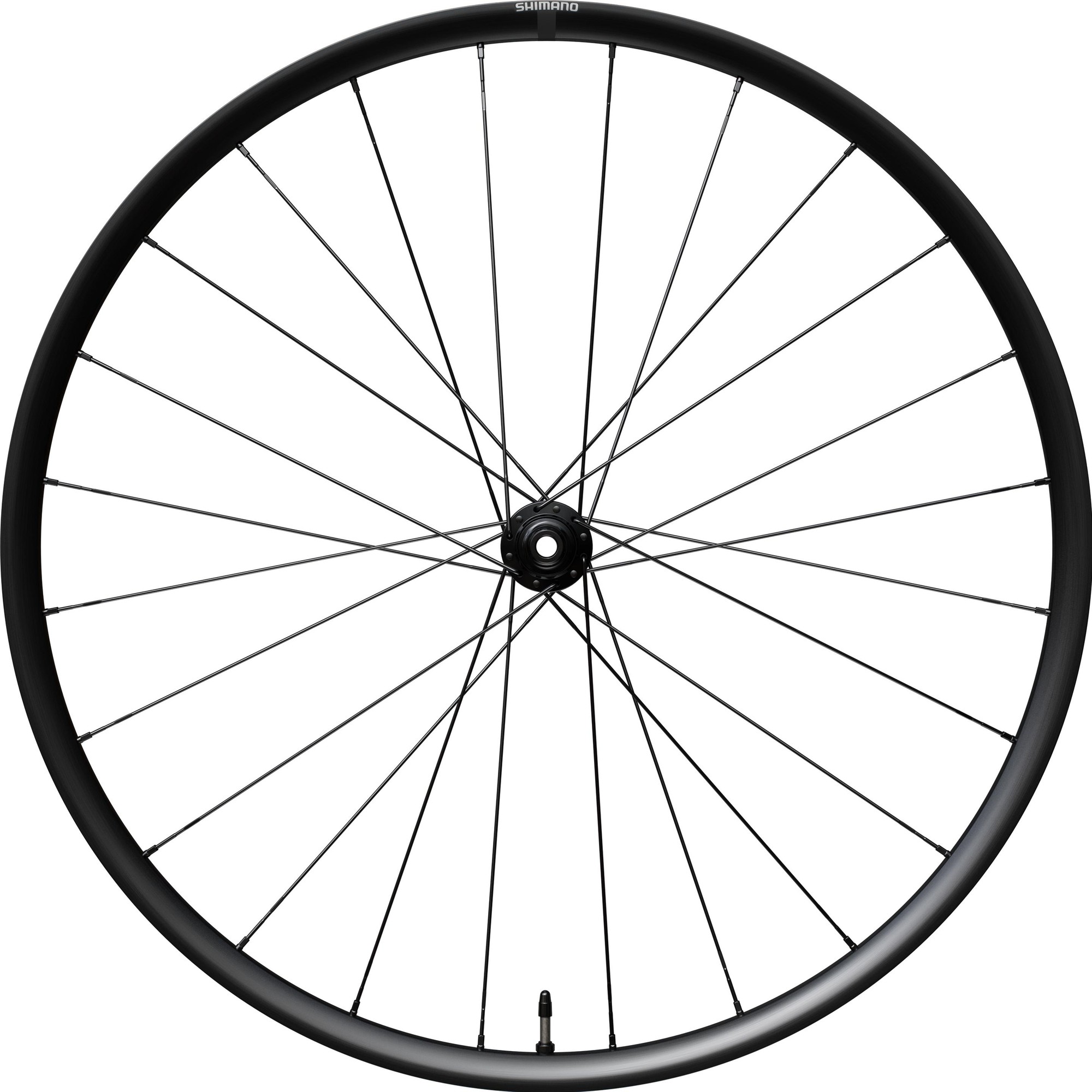 Black Shimano GRX WH-RX180 tubeless CL disc clincher front wheel featuring a sleek design, straight pull spokes, and a matte finish for enhanced performance and durability.