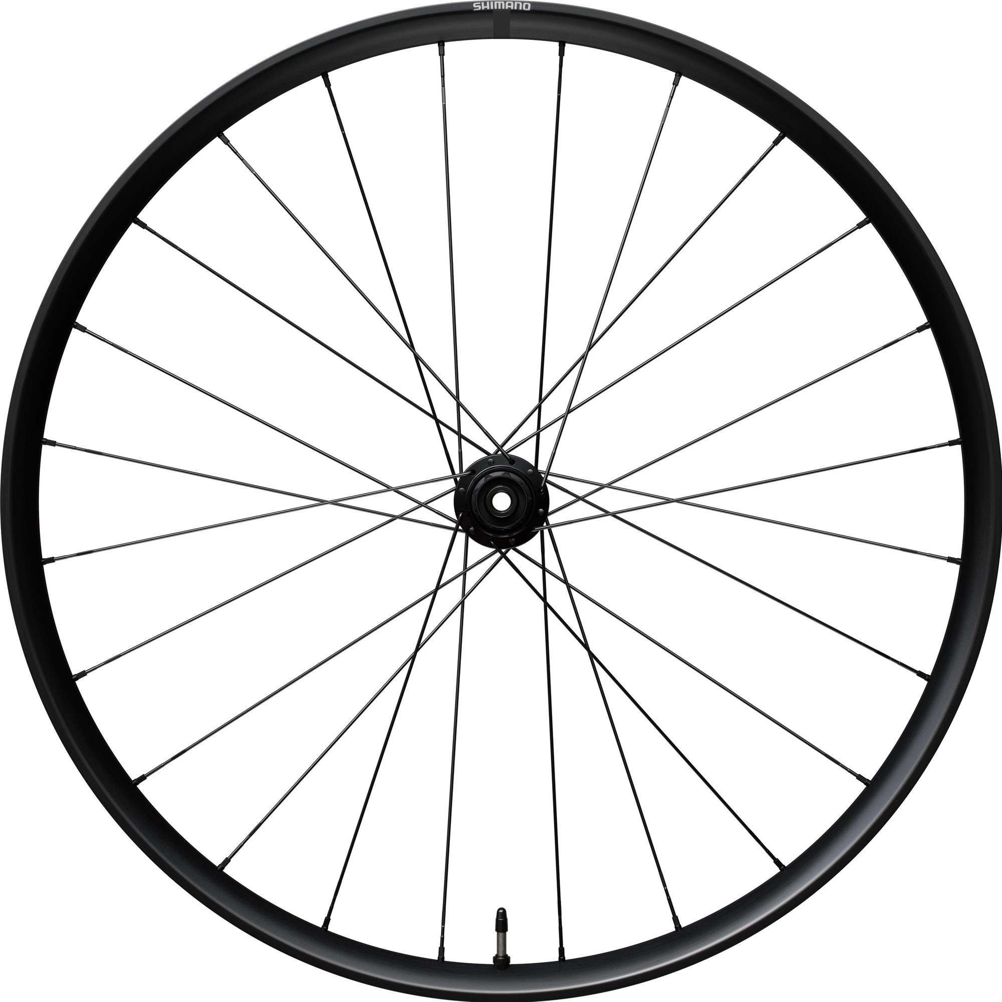 Black Shimano GRX WH-RX180 rear wheel features a tubeless design, clincher rim, and disc brake compatibility, showcasing a sleek, minimalist aesthetic with straight spokes.