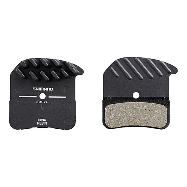 Black Shimano H03A resin disc brake pads featuring cooling fins, with a textured surface on one side and a smooth, light-colored friction material on the other.