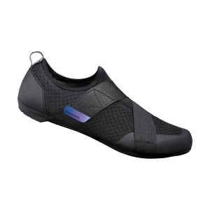 Black Shimano IC1 indoor cycling shoes feature a sleek design with mesh panels, a secure strap system, and a lightweight sole, size 41.