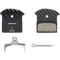 Shimano J05A-RF disc pads with resin braking, black with textured top edges, includes metal spring and pin.
