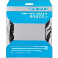 Shimano MTB gear cable set in blue packaging with stainless steel inner wire and black outer casing.