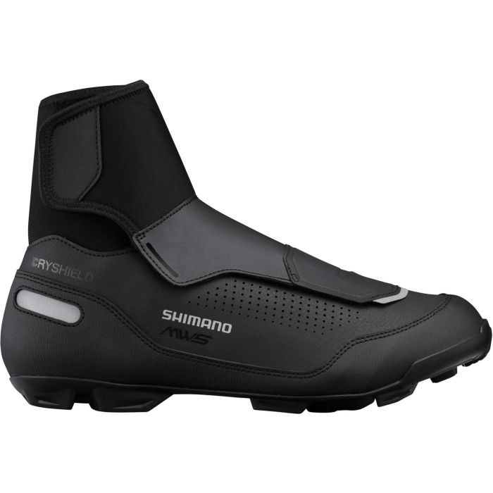 Black Shimano MW5 DryShield MTB shoes feature a sleek design with a high ankle, velcro strap, perforated upper for breathability, and rugged soles for traction.