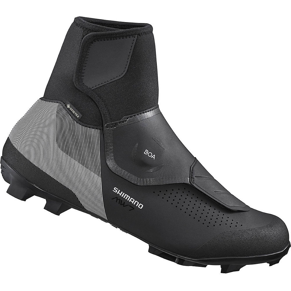Black Shimano MW7 Gore-Tex MTB shoes feature a high-top design, textured synthetic material, and a secure BOA lacing system for enhanced fit and performance on rugged terrain.