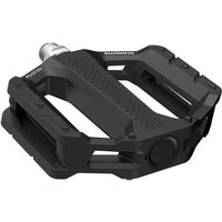 Black Shimano PD-EF202 MTB flat pedal with textured surface and wide platform design.