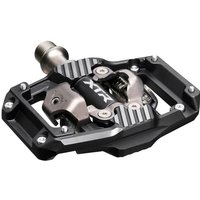 Black and silver Shimano PD-M9220 XTR Trail Wide Platform Pedals with grey accents and robust metal construction.