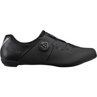 Black Shimano RC3 road cycling shoes, sleek design with perforated upper, single BOA dial, and low-profile sole.