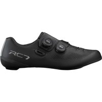Black Shimano RC7 road cycling shoe with dual BOA dials and sleek aerodynamic design.