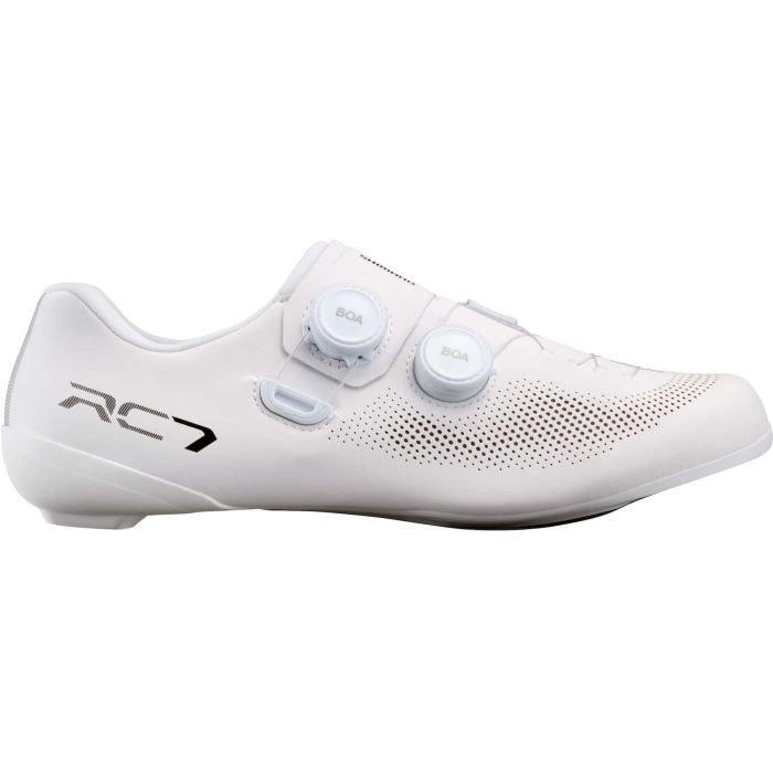 White Shimano RC7 (RC703) road shoes in size 45 wide, featuring a sleek design, perforated upper for breathability, and dual BOA dial closures for a secure fit.