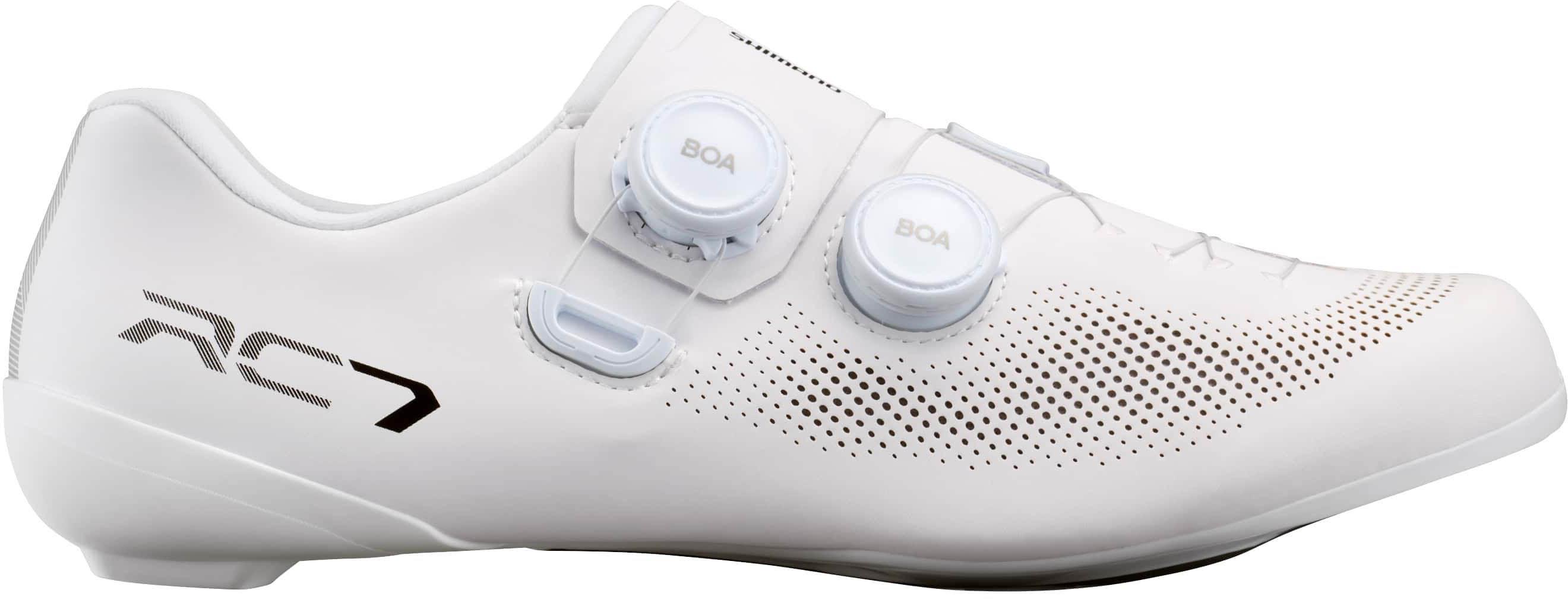 White Shimano RC703 road shoes, size 47, with dual BOA dials and perforated design.