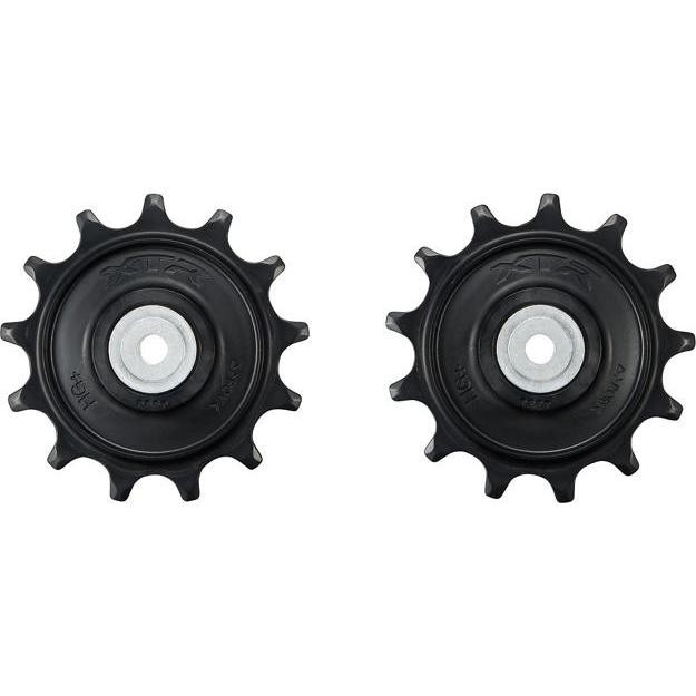 Black Shimano RD-M9250 tension and guide pulley set featuring a circular design with six teeth and a central silver bearing, ideal for enhancing bike drivetrain performance.
