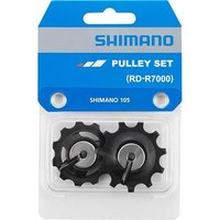 Shimano RD-R7000 pulley set with two black gears in clear packaging, blue label with branding.