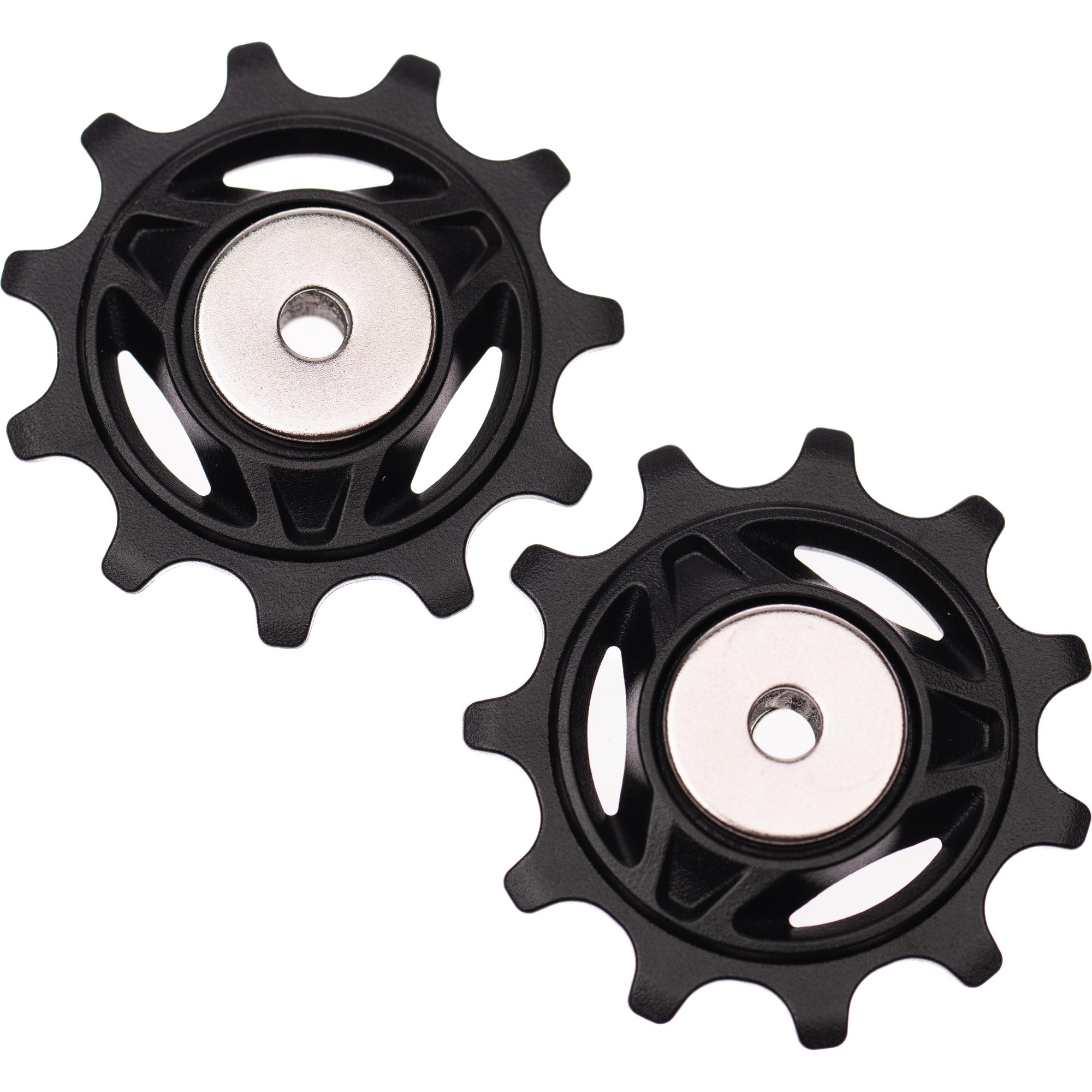 Black Shimano RD-R7150 105 rear mech pulley set featuring a durable plastic construction with silver metal centers and a cog-like design for optimal performance.