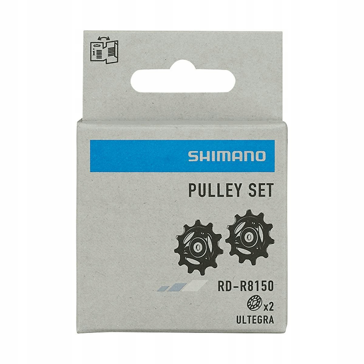 Shimano RD-R8150 Ultegra Rear Mech Pulley Set in a grey cardboard package, featuring two black pulleys with silver accents and the Shimano logo prominently displayed.