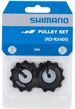 Black Shimano RD-RX400 GRX rear mech pulley set with silver bearings, displayed in clear packaging featuring the Shimano logo and product details.