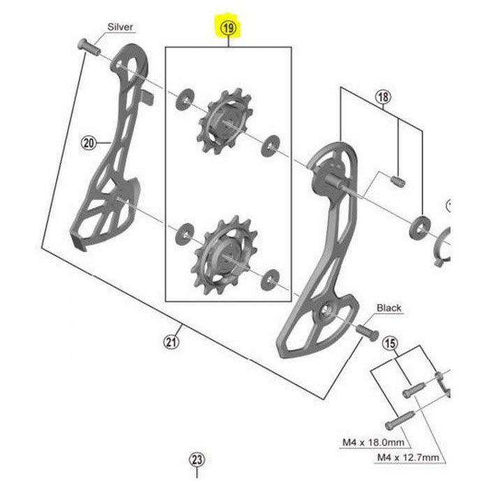 Shimano RD-RX815/RX810 GRX rear mech pulley set featuring silver and black components, including two pulleys, bolts, and a detailed exploded view diagram.