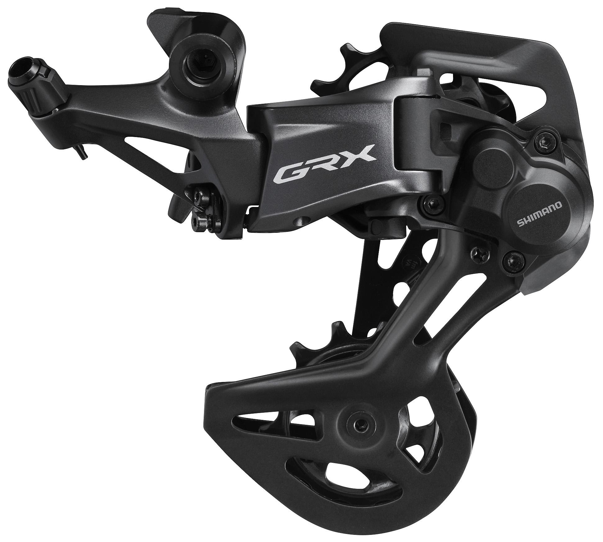 Shimano RD-RX822 GRX rear derailleur in matte black with a sleek design, featuring a 12-speed capacity and a single 45T configuration for optimized shifting performance.