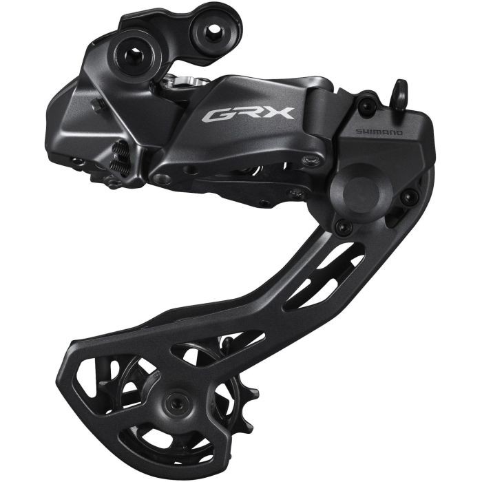 Shimano RD-RX825 GRX Di2 12-speed rear derailleur in matte black, featuring a sleek design, integrated cable routing, and a robust construction for enhanced performance.