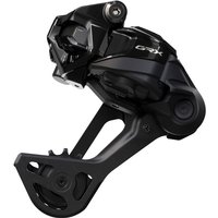 Black Shimano GRX Di2 12-speed rear derailleur with sleek Shadow design and large pulley system.