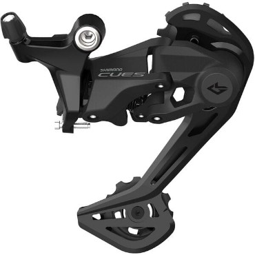 Shimano RD-U4020 CUES 9-Speed SGS Rear Derailleur in sleek black, featuring a robust design, adjustable tension, and a distinctive curved shape for optimal gear shifting.
