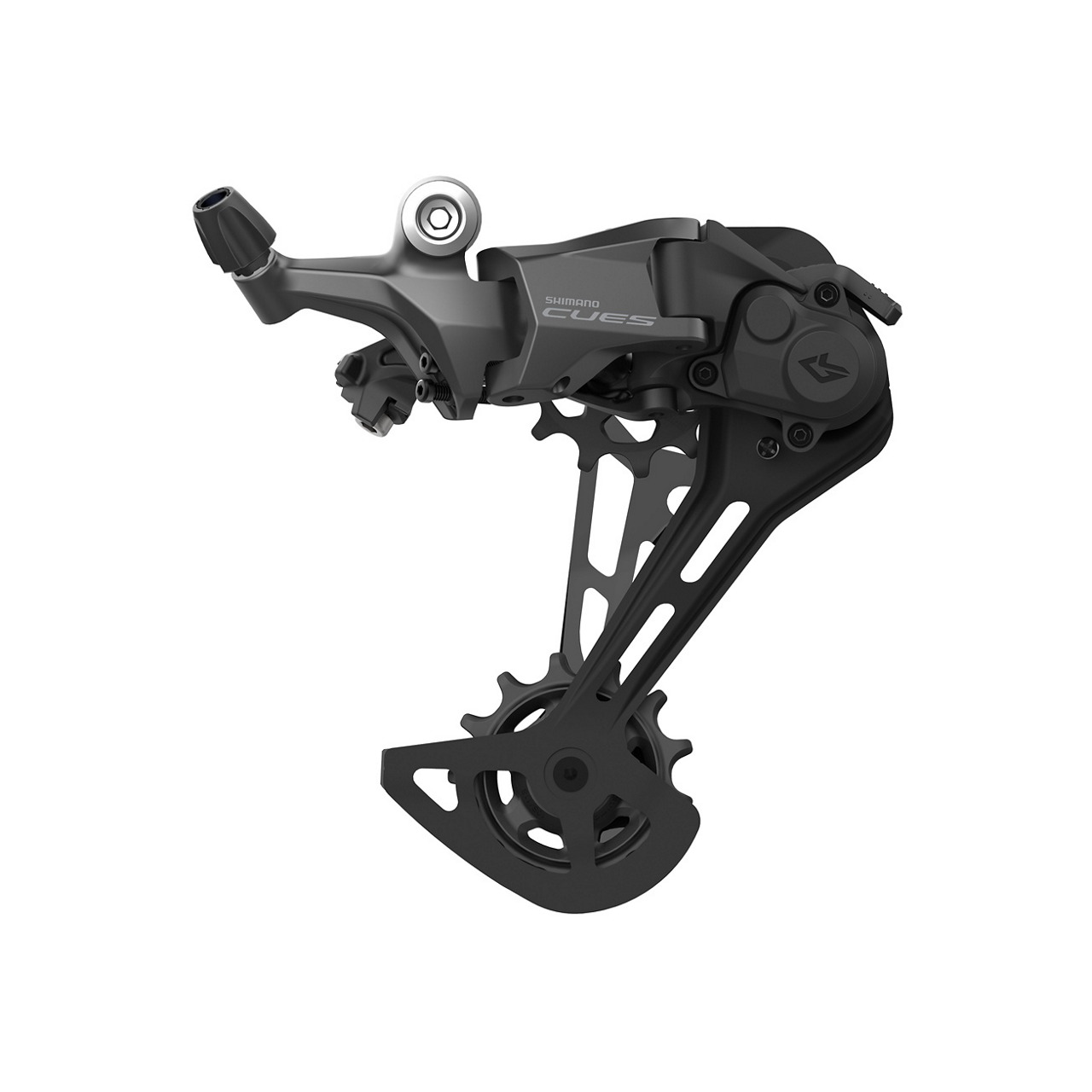 Shimano RD-U6000 CUES rear derailleur features a sleek black design, medium cage, and robust construction, suitable for 10/11-speed drivetrain systems.