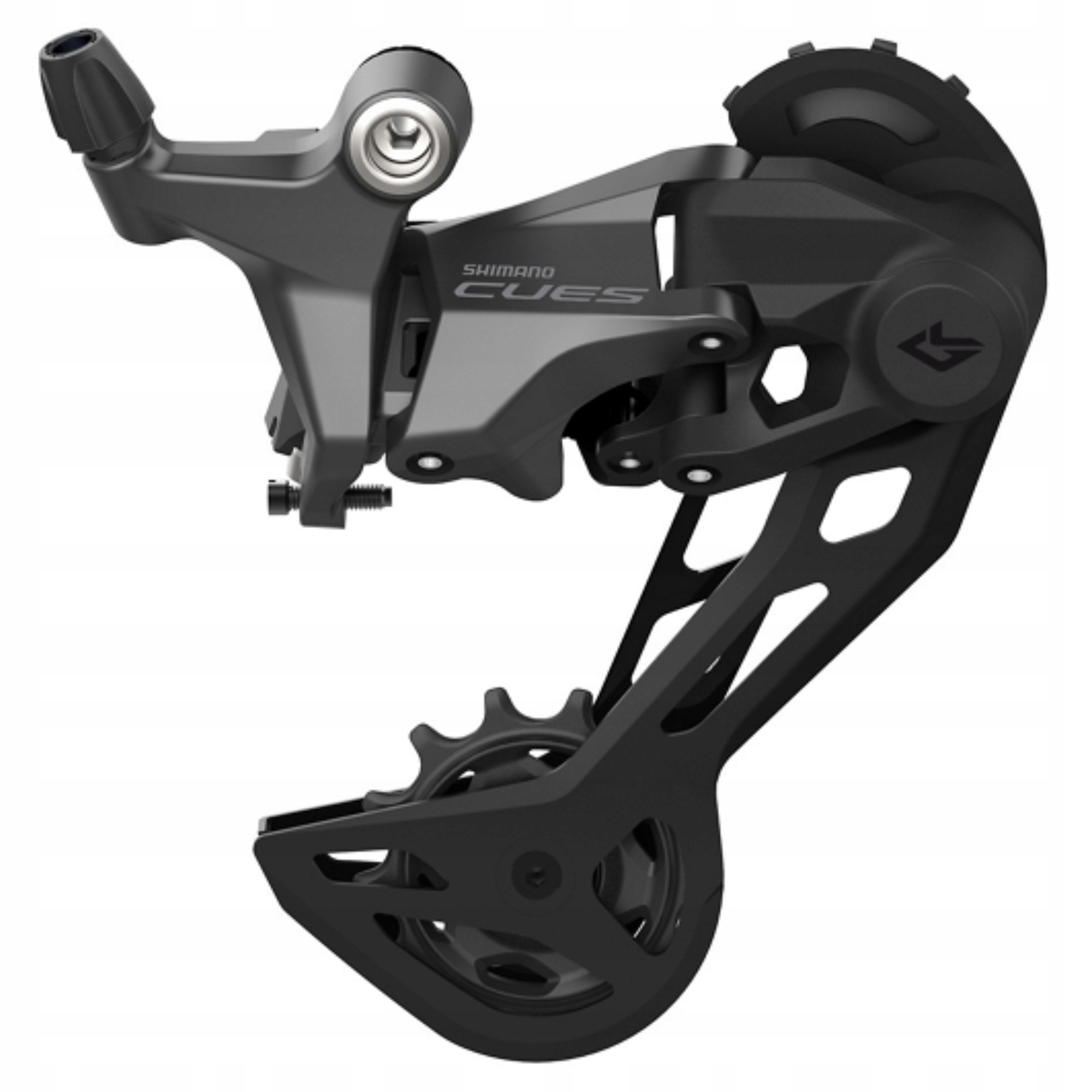 Shimano RD-U6020-10 CUES 10-Speed SGS Rear Derailleur in black, featuring a sleek design with a prominent pulley system and reinforced material for durability.