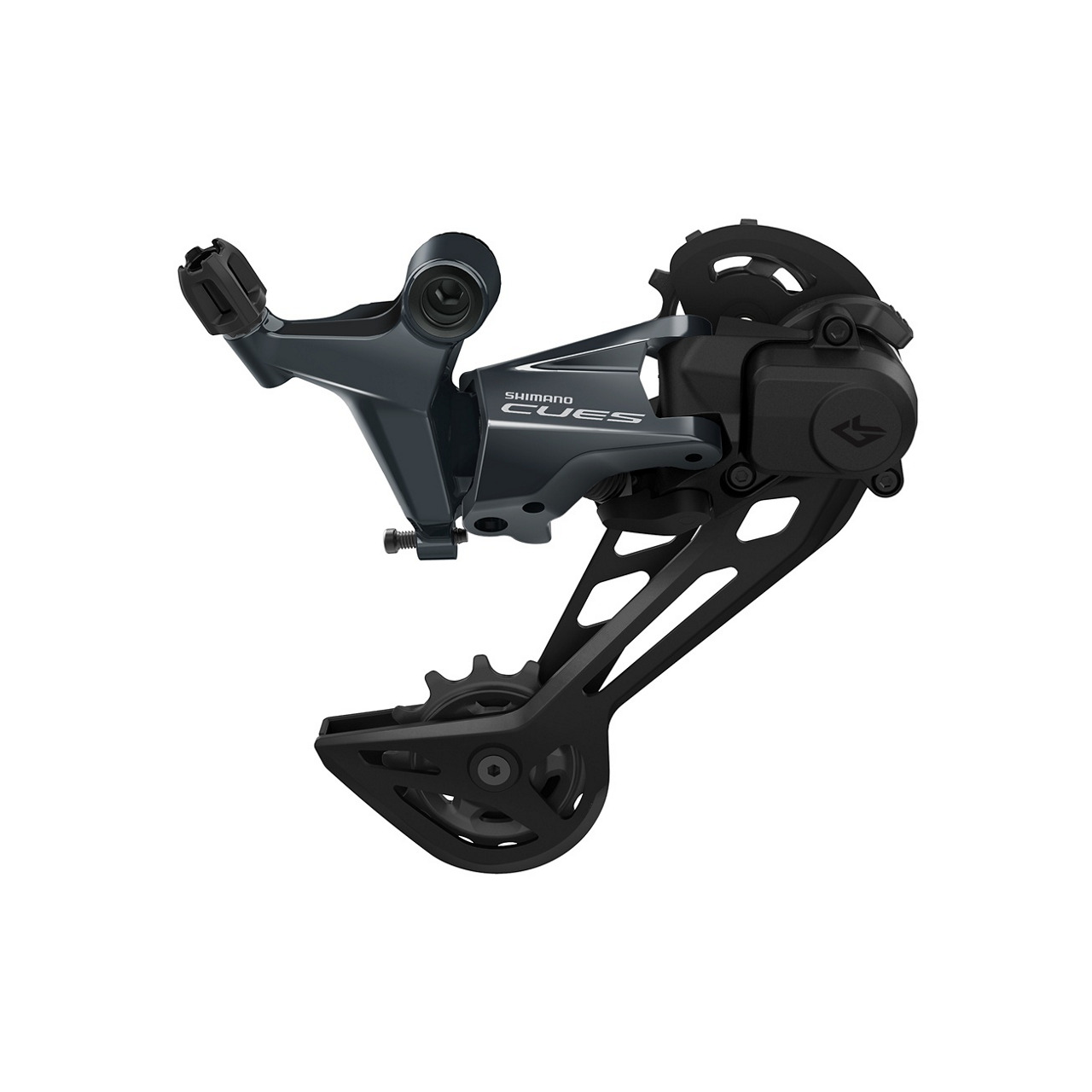 Shimano RD-U8020 CUES 11-Speed SGS Rear Derailleur in black and dark gray, featuring a sleek design, sturdy construction, and a prominent Shimano CUES logo.