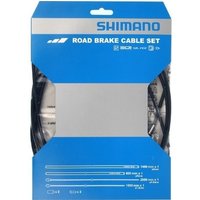 Shimano Road Brake Cable Set with PTFE coated inner wire, blue packaging, includes black cables and silver fittings.