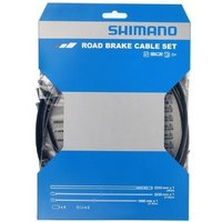 Blue Shimano road brake cable set with stainless steel inner wire, packaged in a rectangular box with clear window.