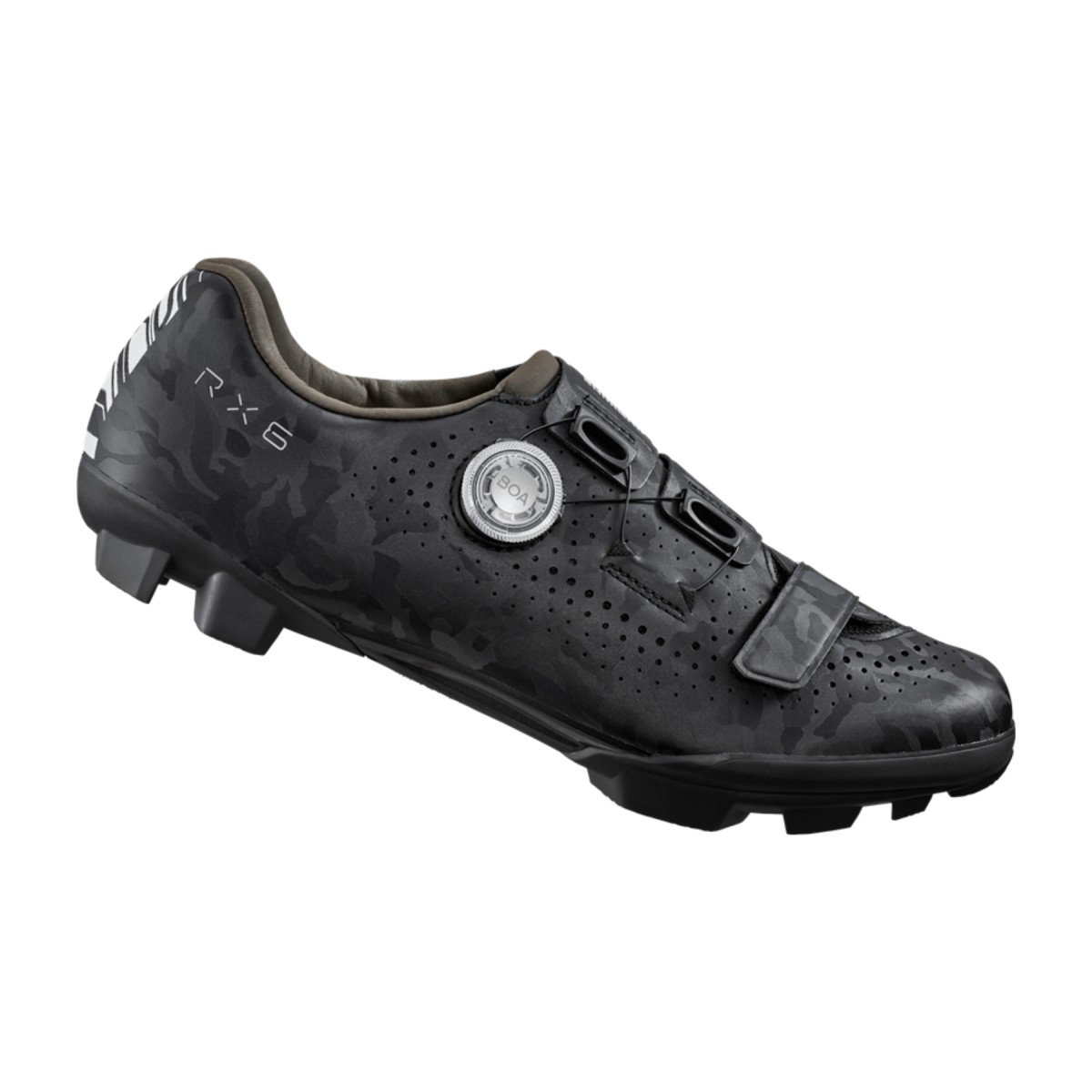 Black Shimano RX6 gravel shoes feature a camo pattern, a Boa dial closure, perforated upper for breathability, and a rugged outsole for traction, size 44.