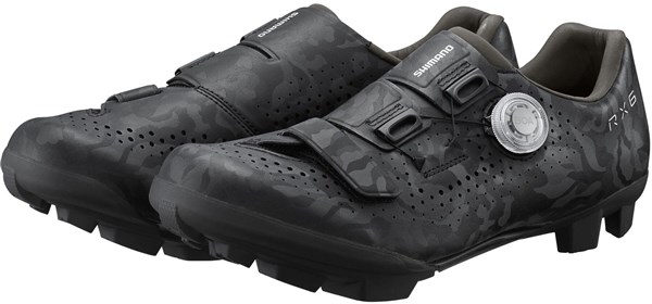 Black camouflage Shimano RX6 gravel shoes, size 46, featuring a sleek design, dual Velcro straps, and a dial closure for a secure fit, ideal for off-road cycling.