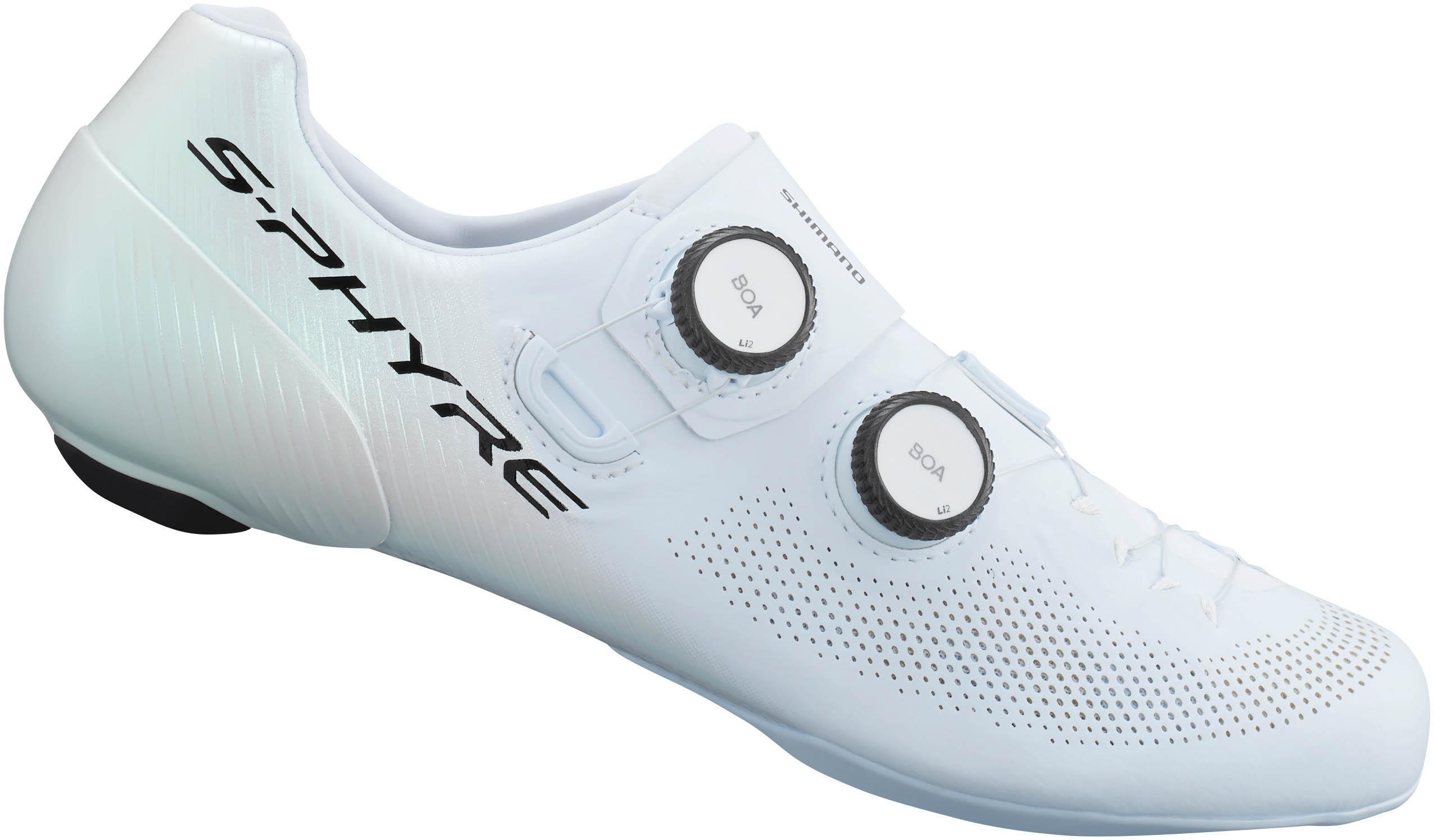 White Shimano S-PHYRE RC9 cycling shoes, size 45, with dual BOA dials and perforated design.