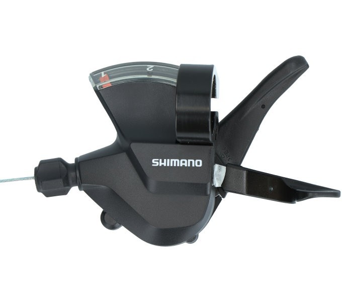 Black Shimano SL-M315-2L 2-speed shift lever featuring a clear gear indicator, ergonomic design, and a cable attachment point for easy installation on bicycles.