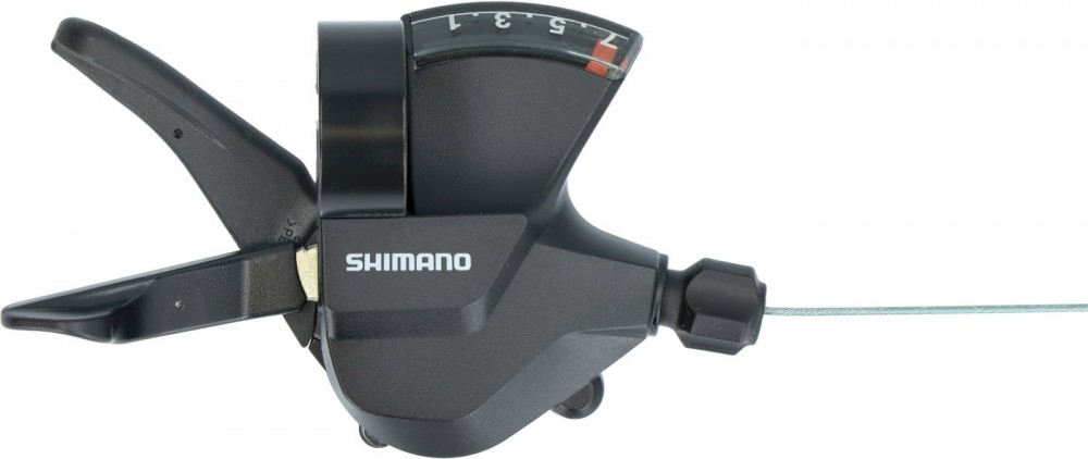 Black Shimano SL-M315-7R shift lever with a 7-speed indicator, featuring a textured grip and a cable attachment point, designed for smooth gear shifting on bicycles.