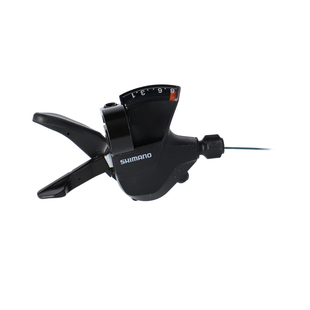 Black Shimano SL-M315-8R shift lever with an 8-speed indicator, featuring a durable plastic body and two levers for easy gear shifting on the right hand.