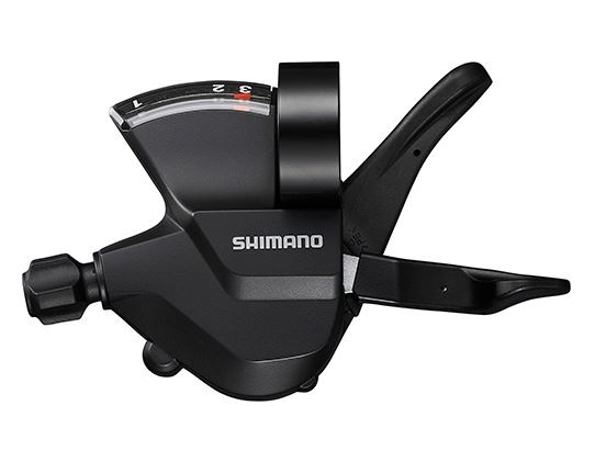 Shimano SL-M315-L gear lever in black plastic, featuring a thumb shifter with a clear indicator for 3x7 or 3x8 speeds and a textured grip for easy shifting.