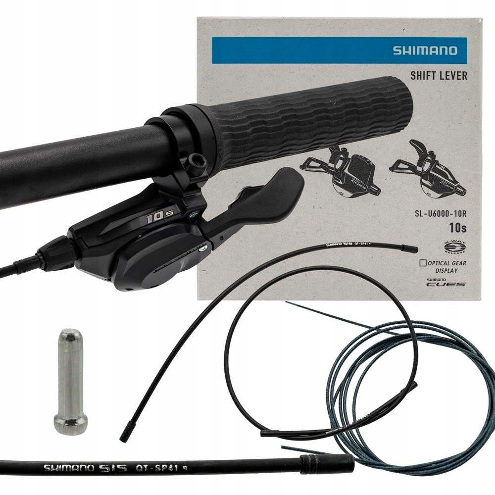 Shimano SL-U6000 CUES 10-speed shift lever in black plastic with textured grip, accompanied by cables, a silver barrel adjuster, and packaging featuring a gear display graphic.