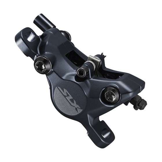 Shimano SLX M7100 2-piston caliper in matte black aluminum with a sleek design, featuring a prominent SLX logo and adjustable hydraulic fittings for optimal braking performance.