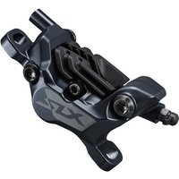 Shimano SLX M7120 4 piston brake caliper, dark gray, sleek design with visible pistons and mounting holes.